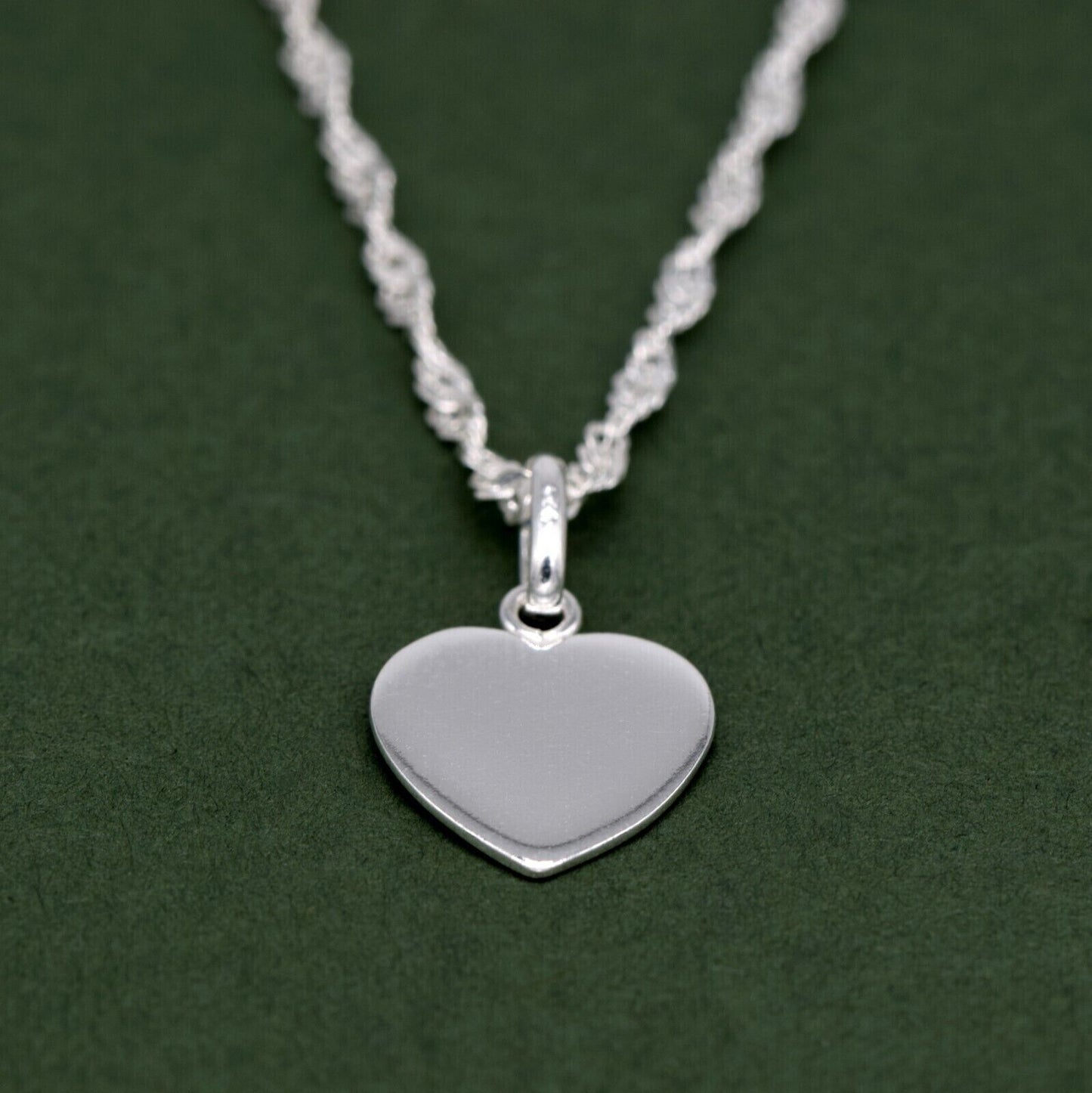Genuine 925 Sterling Silver Flat Heart Pendant Necklace on Singapore Chain