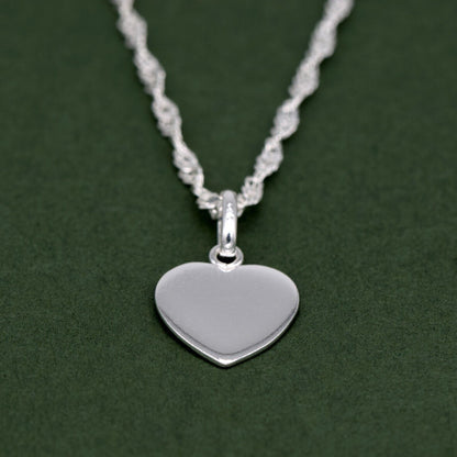 Genuine 925 Sterling Silver Flat Heart Pendant Necklace on Singapore Chain