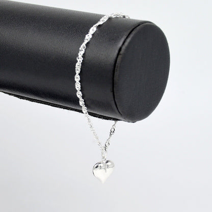 Genuine 925 Sterling Silver Singapore Chain Bracelet W/ Puffed Heart Charm