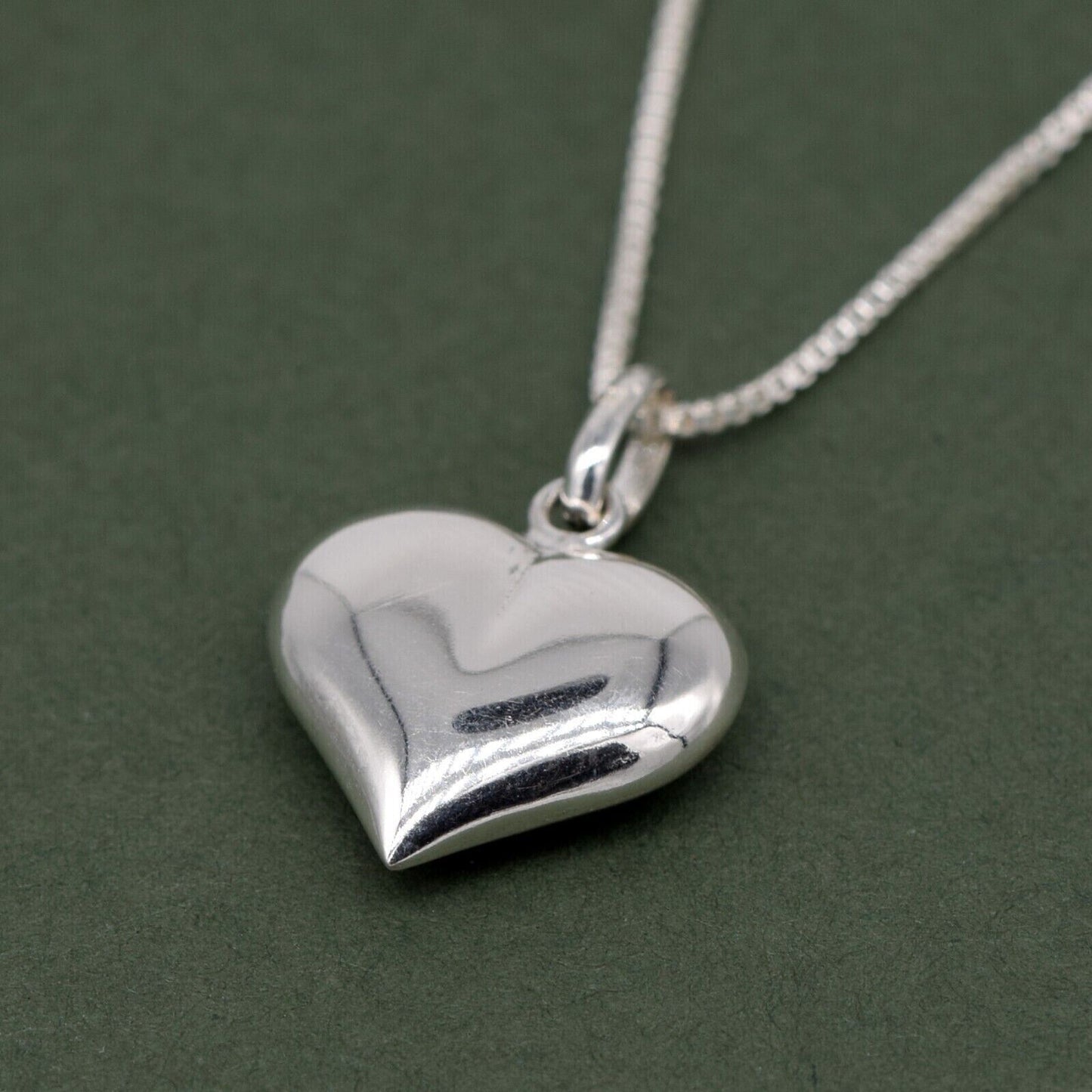 Genuine 925 Sterling Silver Puffed Heart Pendant Necklace on 14”-24" Box Chain