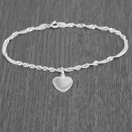 Genuine 925 Sterling Silver Singapore Chain Bracelet W/ Flat Heart Charm