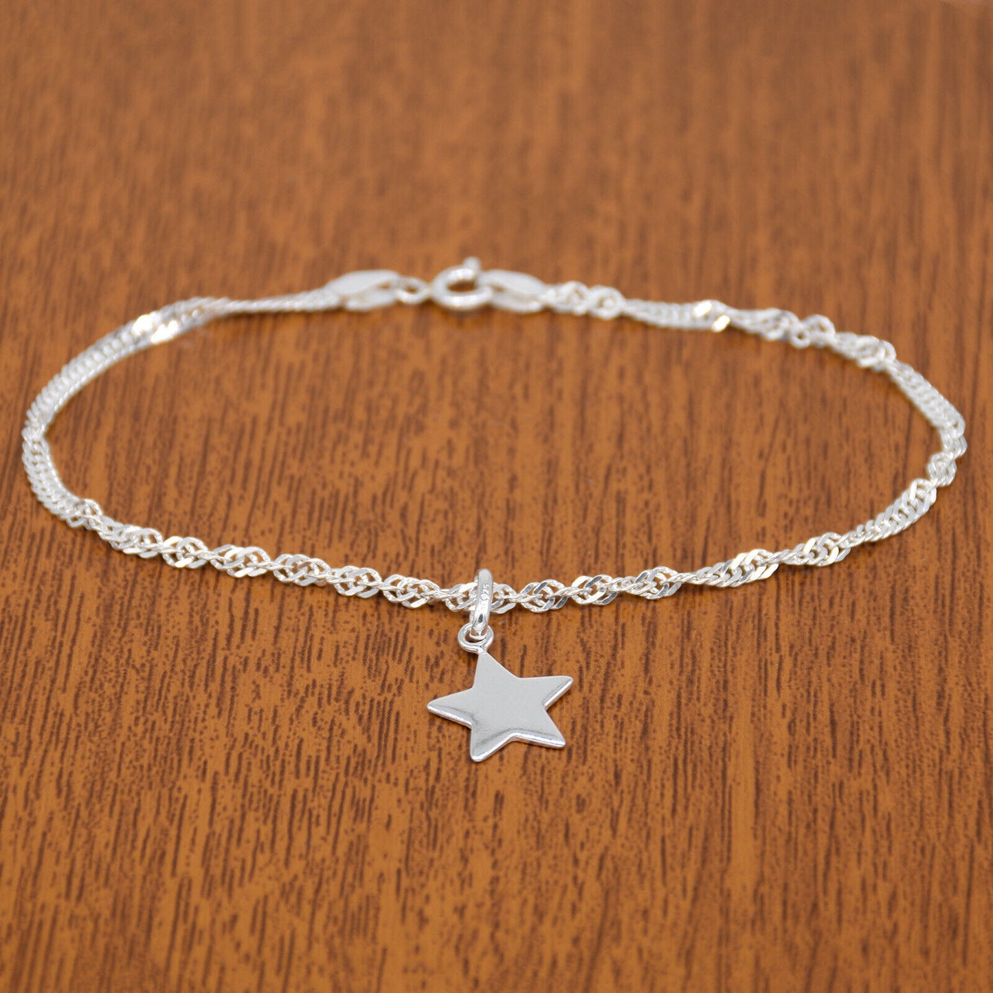 Genuine 925 Sterling Silver Singapore Chain Bracelet W/ Star Charm