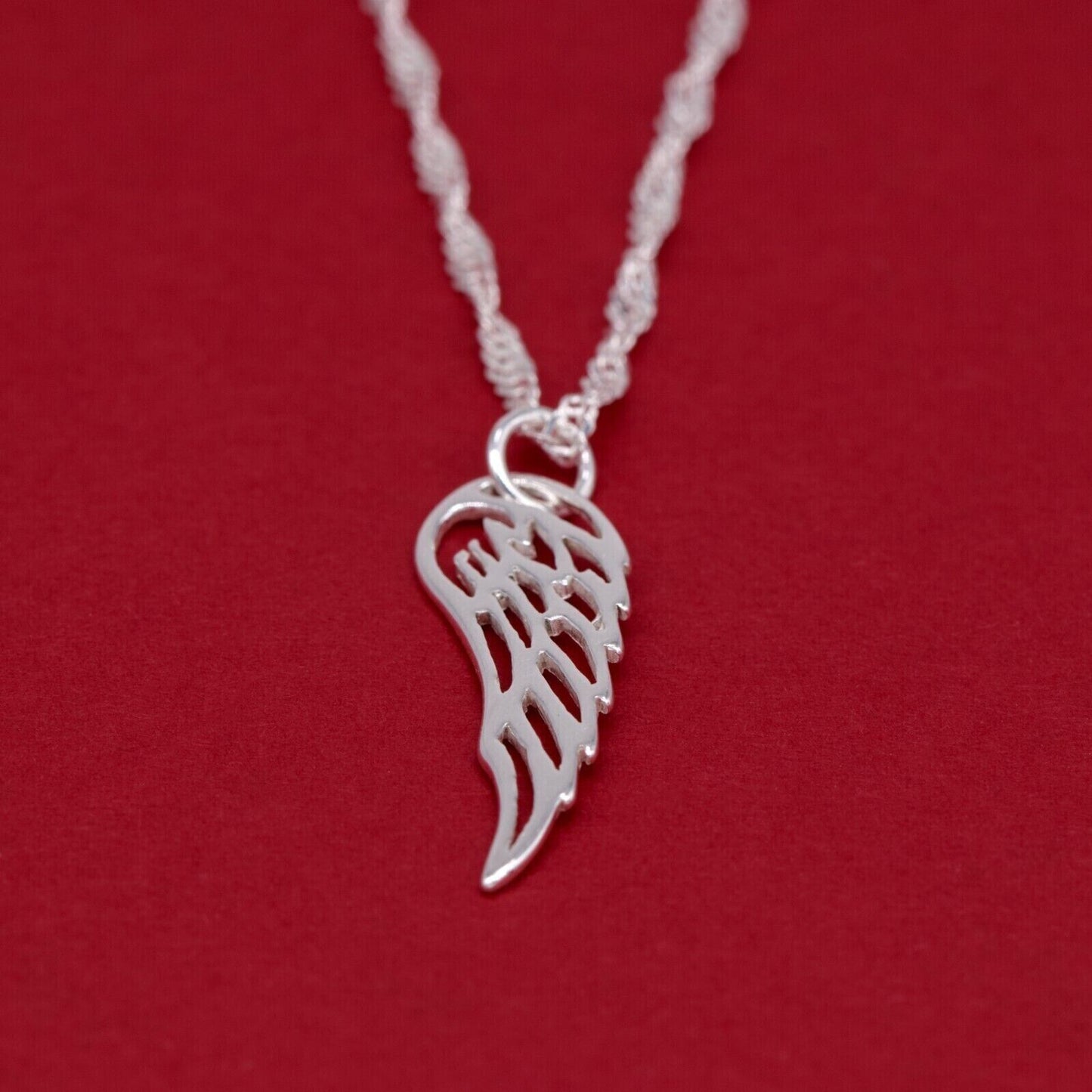 Genuine 925 Sterling Silver Wing Pendant Necklace on Singapore Chain