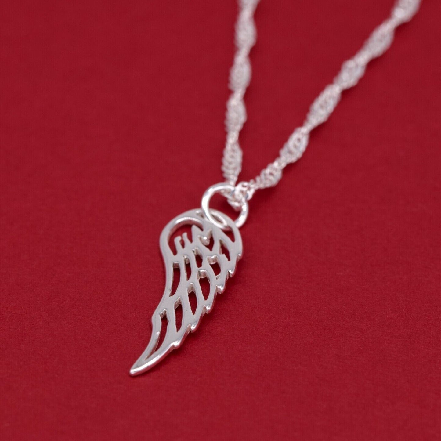 Genuine 925 Sterling Silver Wing Pendant Necklace on Singapore Chain
