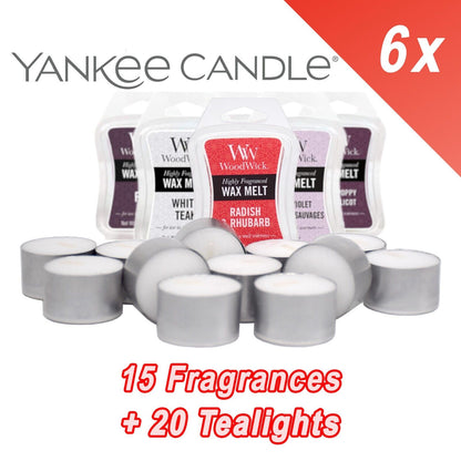 6x Yankee WoodWick Wax Melt Mini Hourglass 22.7g 15 Fragrances + 20 Tealights