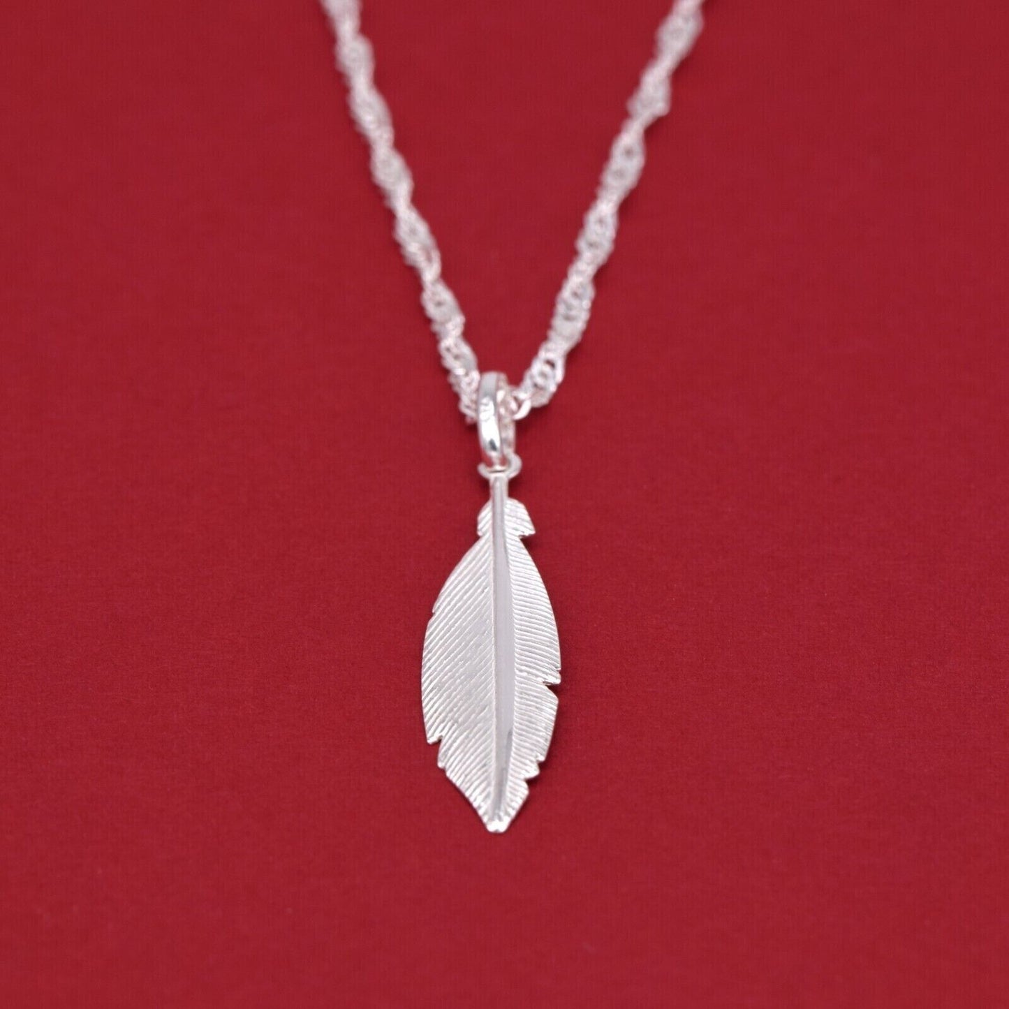 Genuine 925 Sterling Silver Feather Pendant Necklace on Singapore Chain
