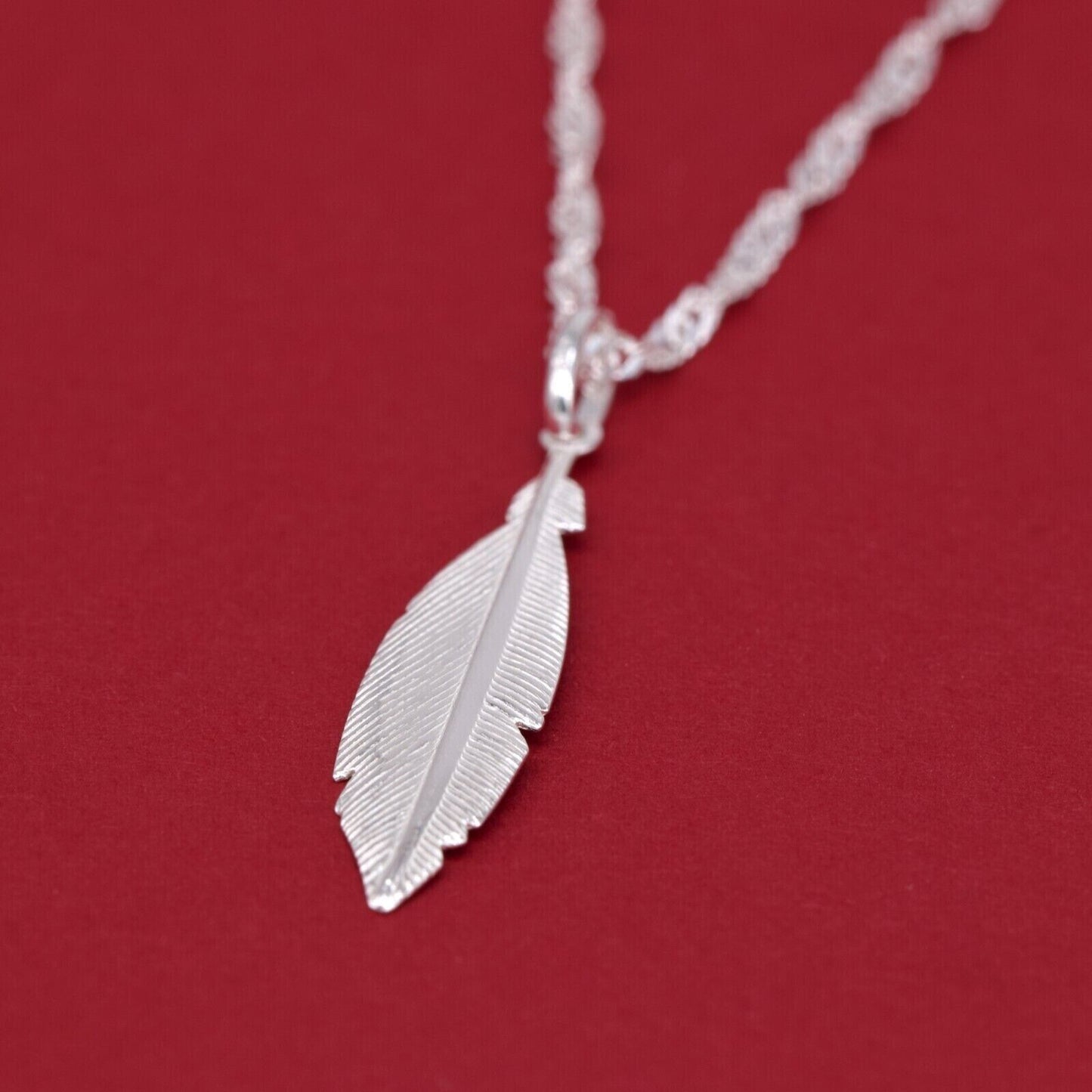 Genuine 925 Sterling Silver Feather Pendant Necklace on Singapore Chain