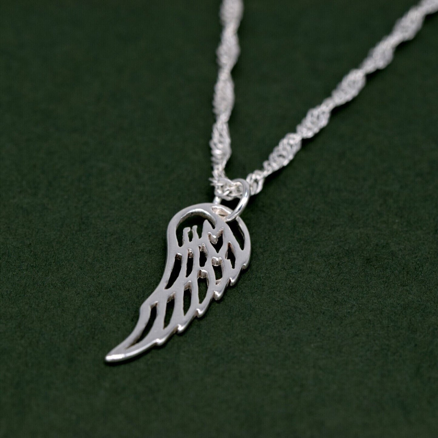 Genuine 925 Sterling Silver Wing Pendant Necklace on Singapore Chain