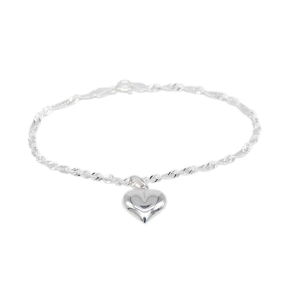 Genuine 925 Sterling Silver Singapore Chain Bracelet W/ Puffed Heart Charm