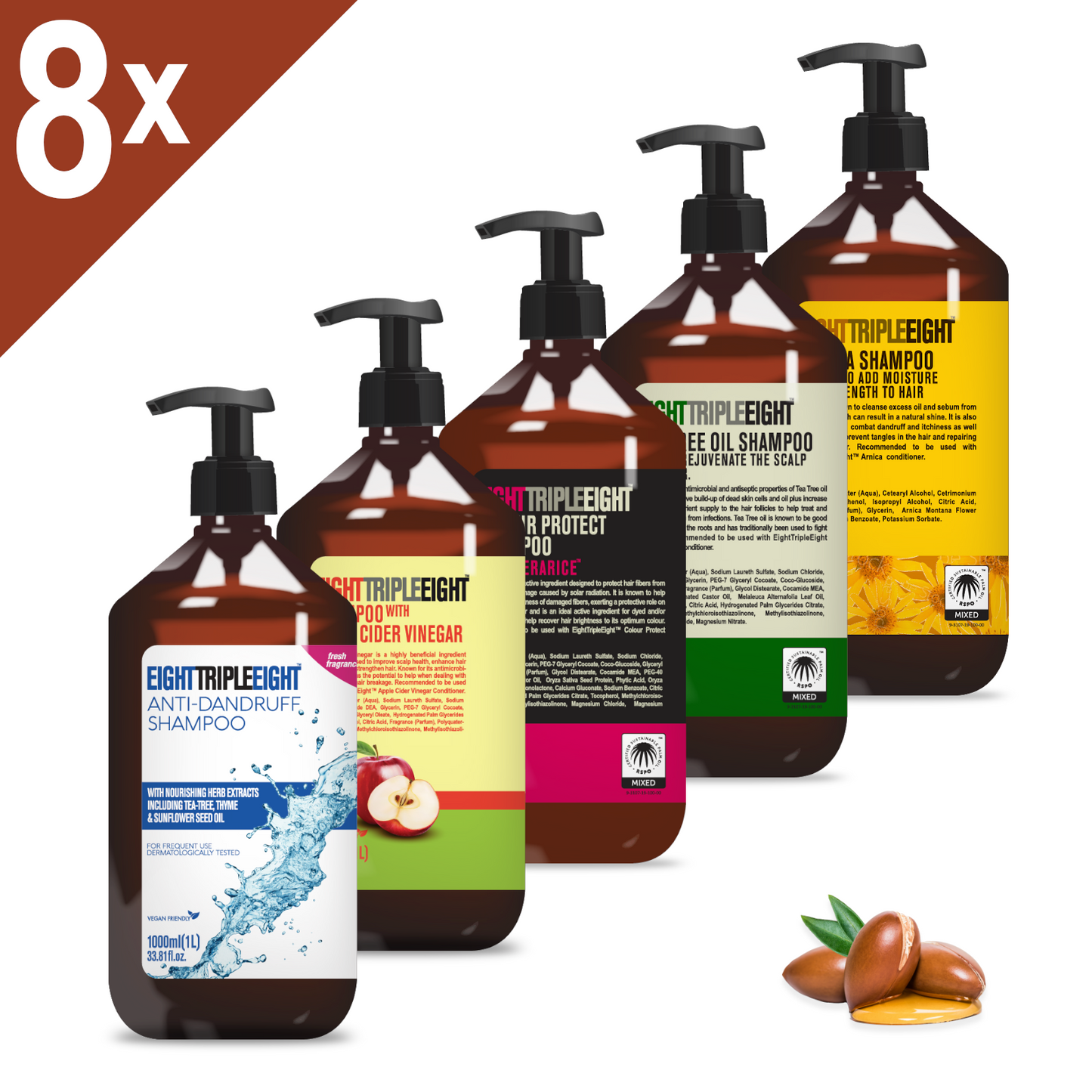 8x Eight Triple Eight 8x1L = 8 Litres of Shampoo & Conditioner - 14 Types