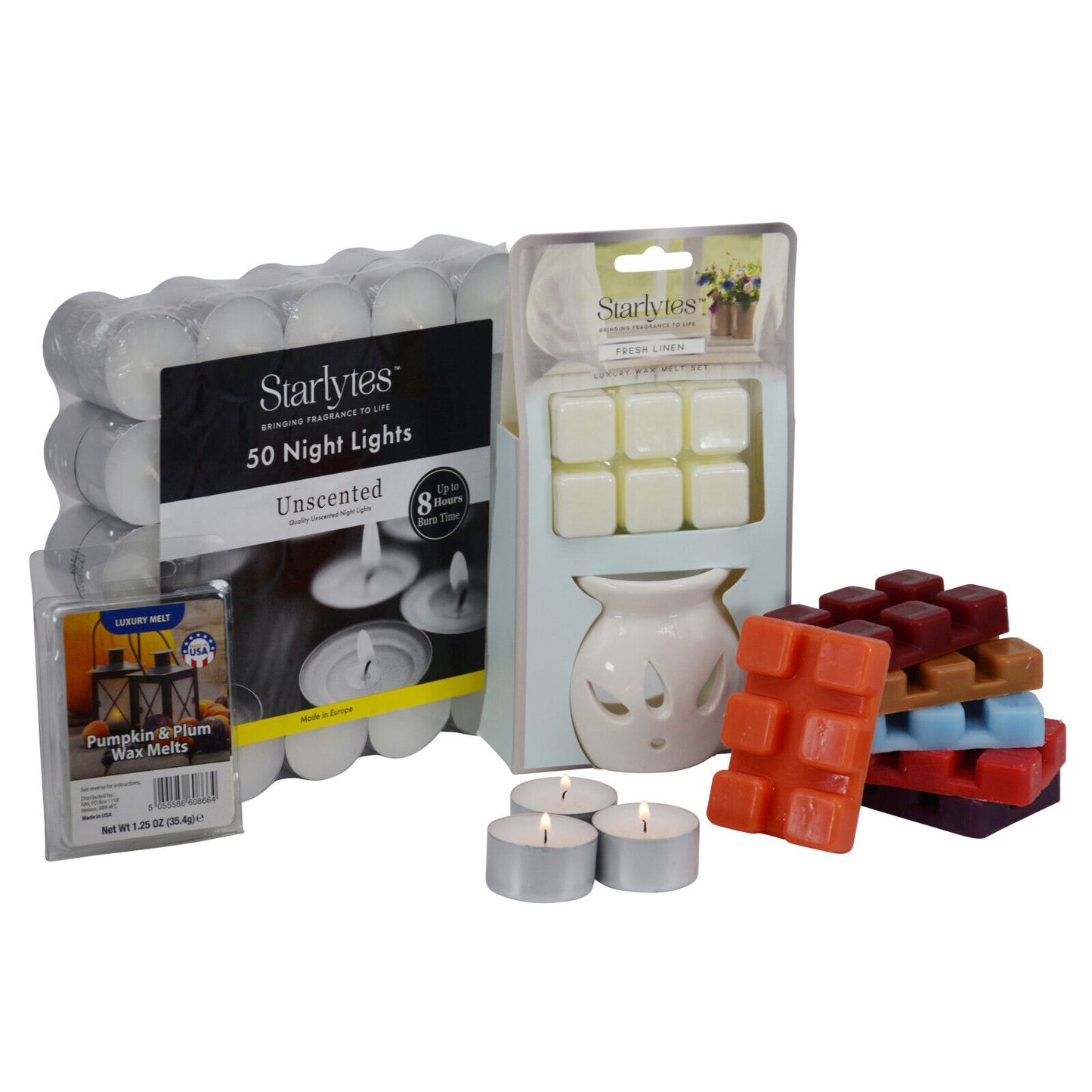 Starlytes Luxury Set - Ceramic Holder/Warmer + 50 Tealights + 42 Wax Melt Cubes