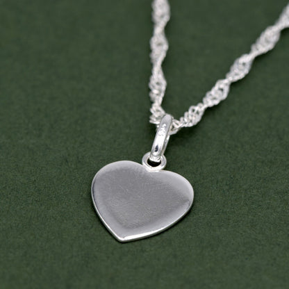 Genuine 925 Sterling Silver Flat Heart Pendant Necklace on Singapore Chain