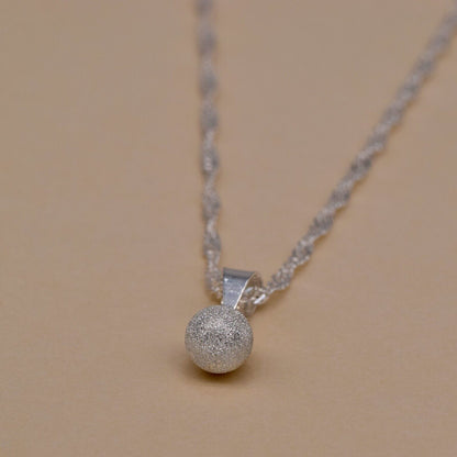 Genuine 925 Sterling Silver 7mm Frosted Ball Pendant Necklace on Singapore Chain