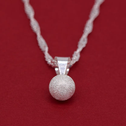 Genuine 925 Sterling Silver 7mm Frosted Ball Pendant Necklace on Singapore Chain