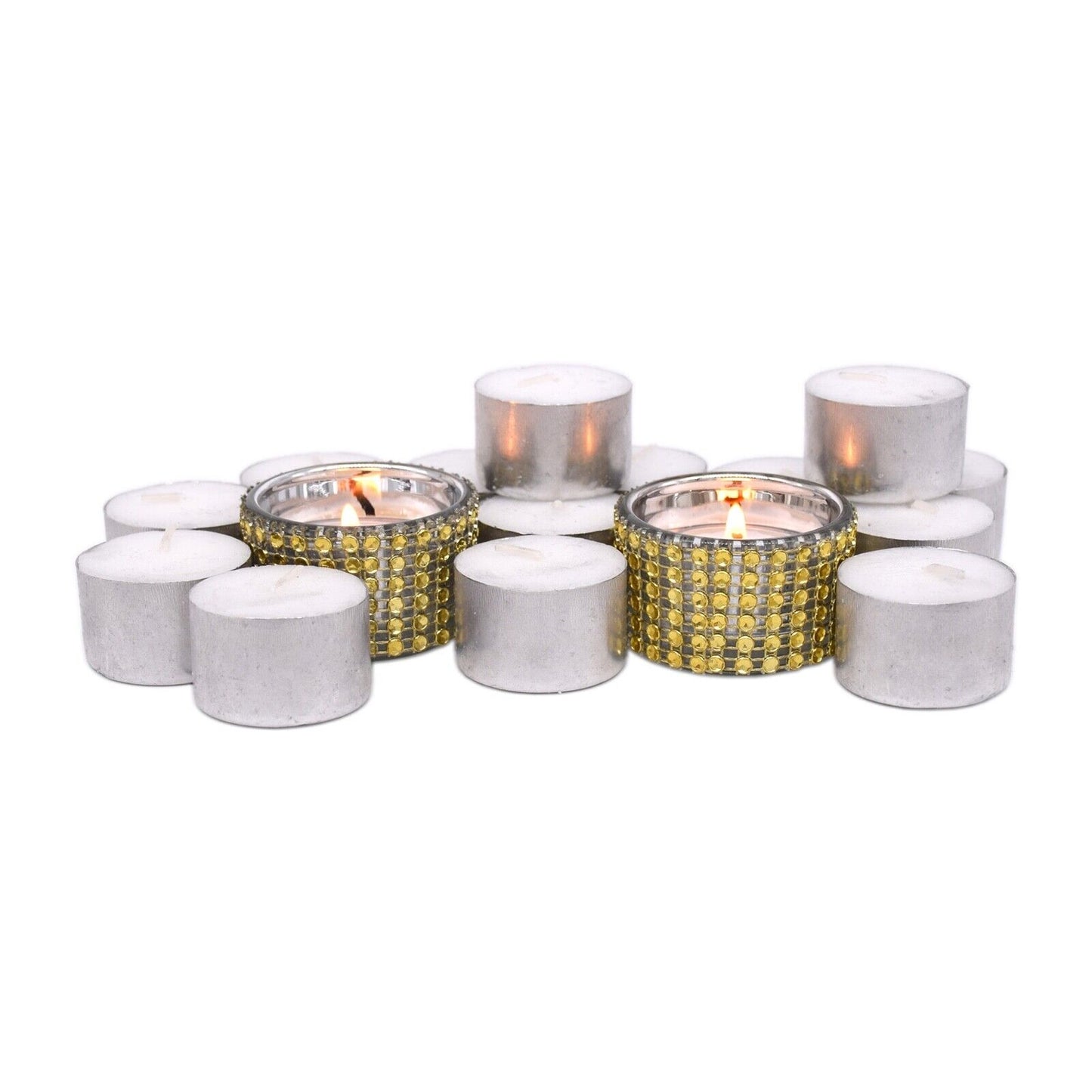 2 Decorative Diamante Jewelled Tea light Candle Holders with 100 Tealights (8hr)