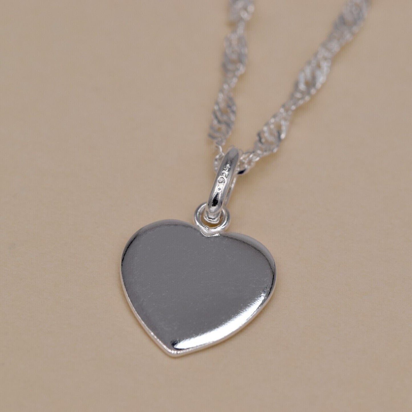 Genuine 925 Sterling Silver Flat Heart Pendant Necklace on Singapore Chain