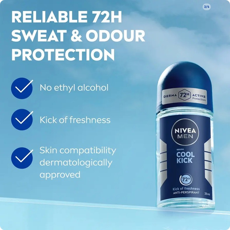 Nivea Men Roll On 72hr Anti-Perspirant Derma Active Cool Kick - 50ml - image 2