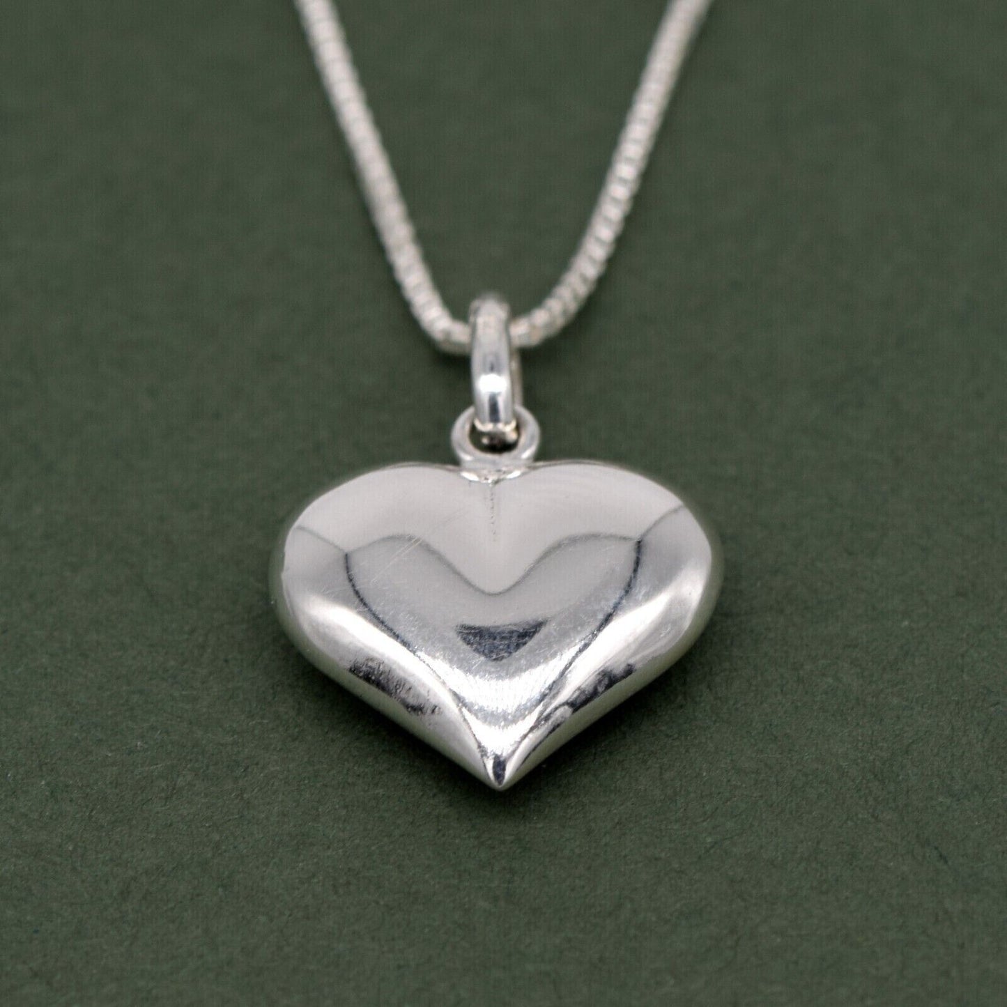 Genuine 925 Sterling Silver Puffed Heart Pendant Necklace on 14”-24" Box Chain
