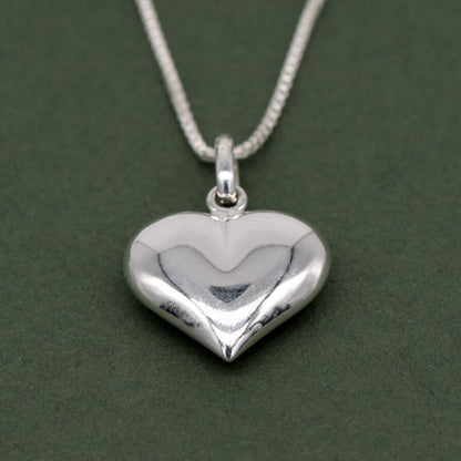 Genuine 925 Sterling Silver Puffed Heart Pendant Necklace on 14”-24" Box Chain