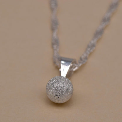 Genuine 925 Sterling Silver 7mm Frosted Ball Pendant Necklace on Singapore Chain