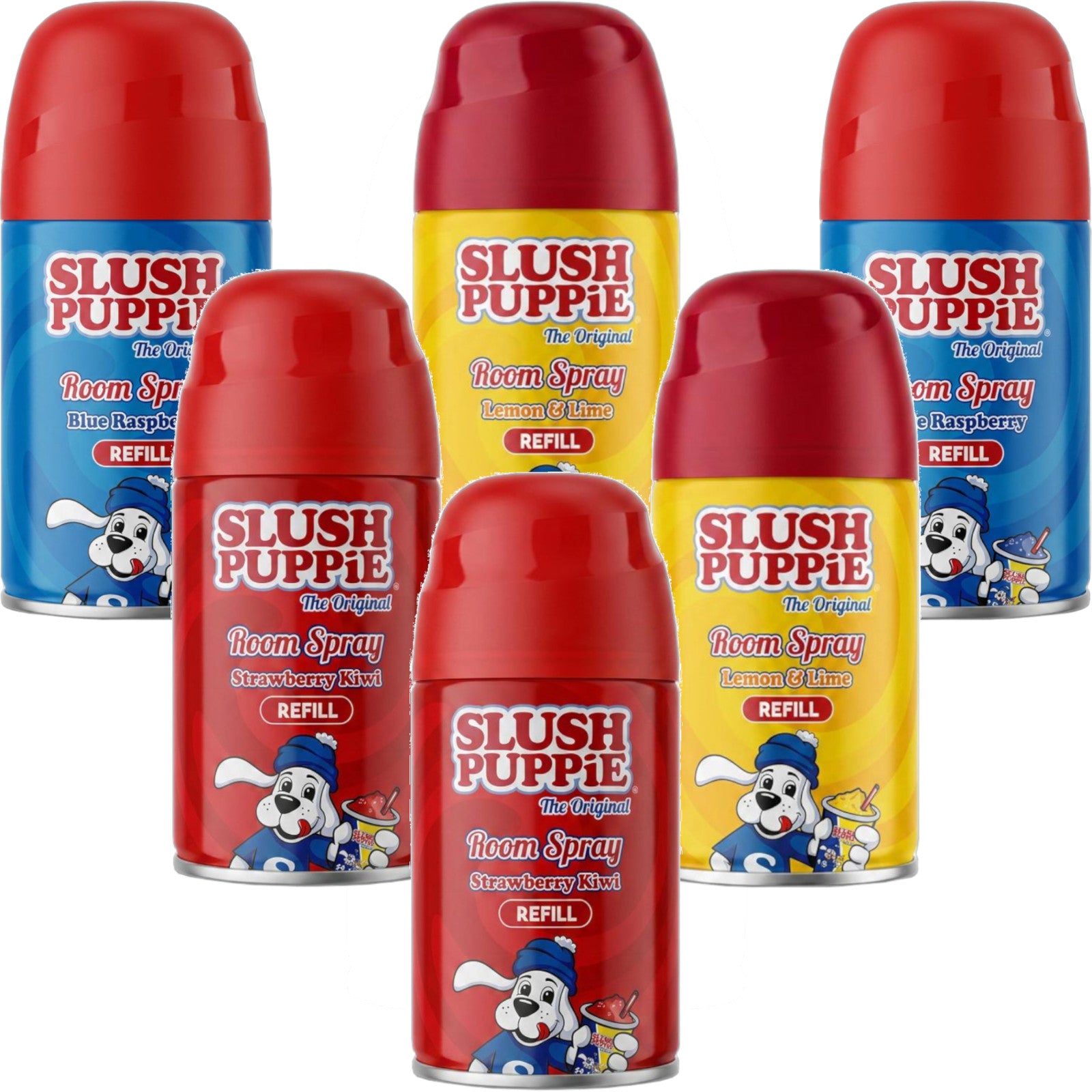 6x Slush Puppie  Lemon & Lime/Strawberry Kiwi/Blue Raspberry Refill Spray 250ml