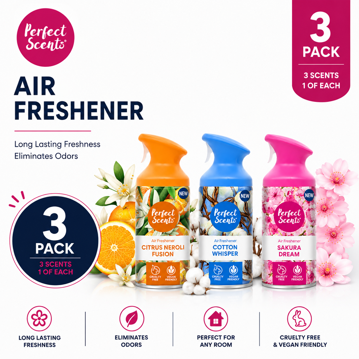 3x Perfect Scents Air Fresheners  Citrus/Cotton/Sakura/Mix  250ml/8.45 fl.oz