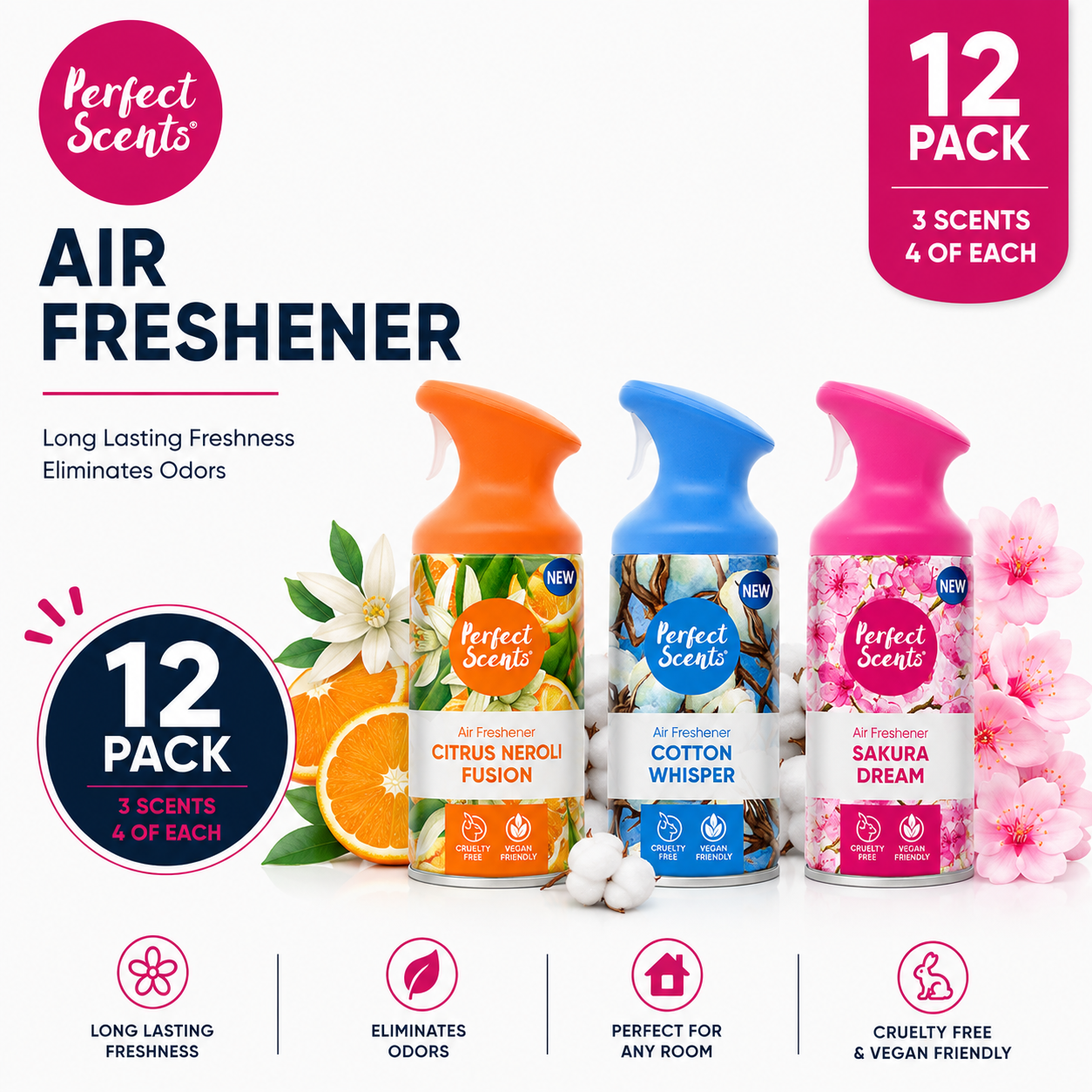12x Perfect Scents Air Fresheners  Citrus/Cotton/Sakura/Mix  250ml/8.45 fl.oz