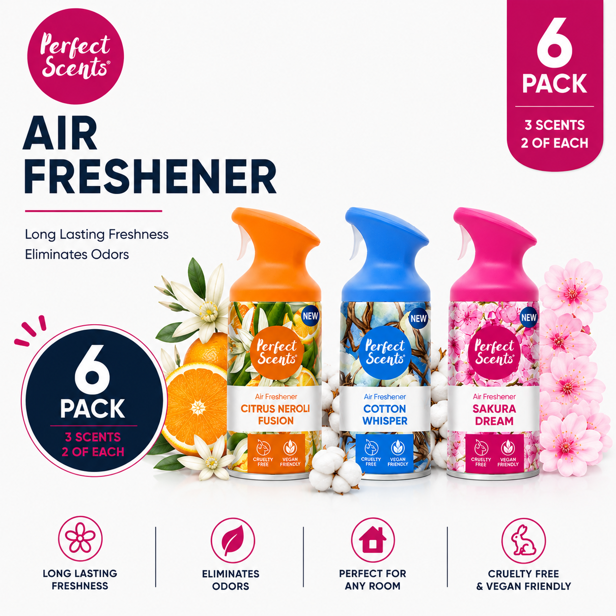 6x Perfect Scents Air Fresheners  Citrus/Cotton/Sakura/Mix  250ml/8.45 fl.oz