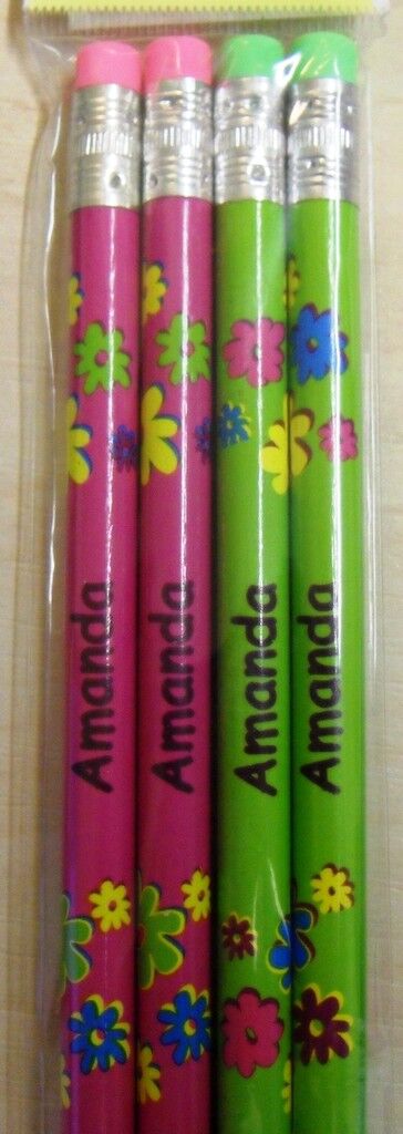 Set of 4 Pack Girls Personalised Pencils with Rubber Kid Child Name A-V Her Gift