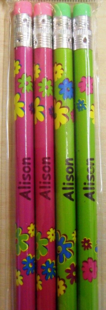 Set of 4 Pack Girls Personalised Pencils with Rubber Kid Child Name A-V Her Gift