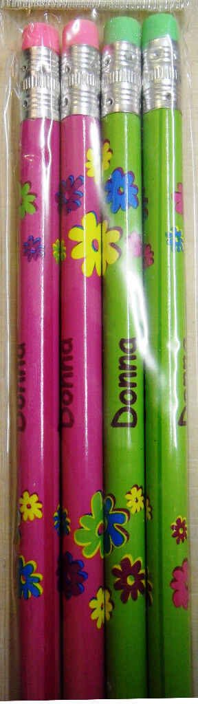 Set of 4 Pack Girls Personalised Pencils with Rubber Kid Child Name A-V Her Gift