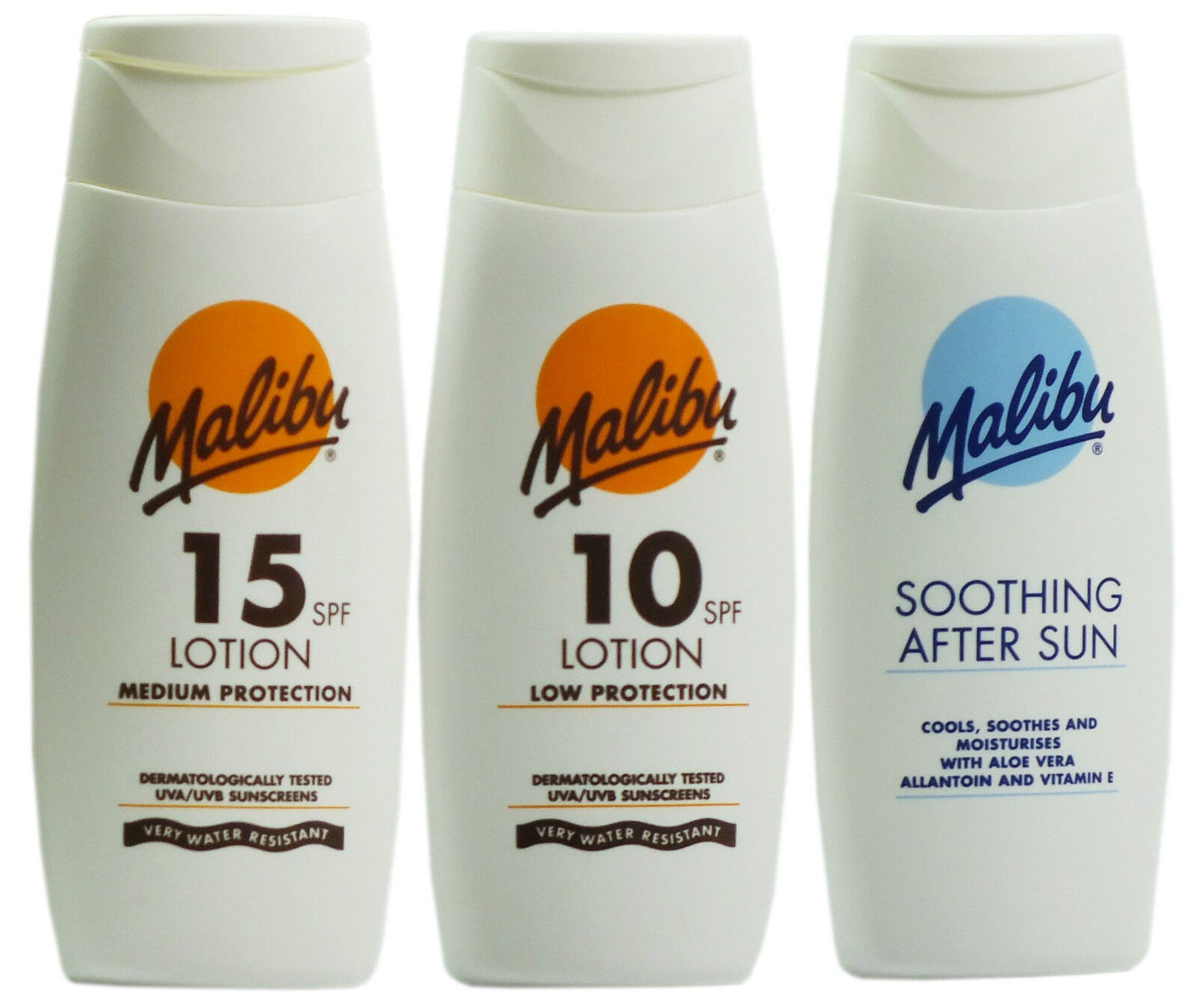 Malibu Sun Tan Lotion SPF10, SPF15/After Sun Lotion UVA 3 Stars Protection 200ml