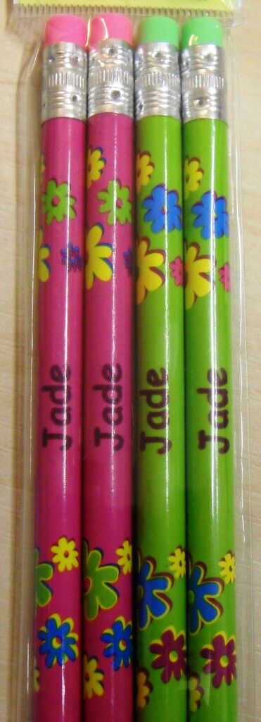 Set of 4 Pack Girls Personalised Pencils with Rubber Kid Child Name A-V Her Gift