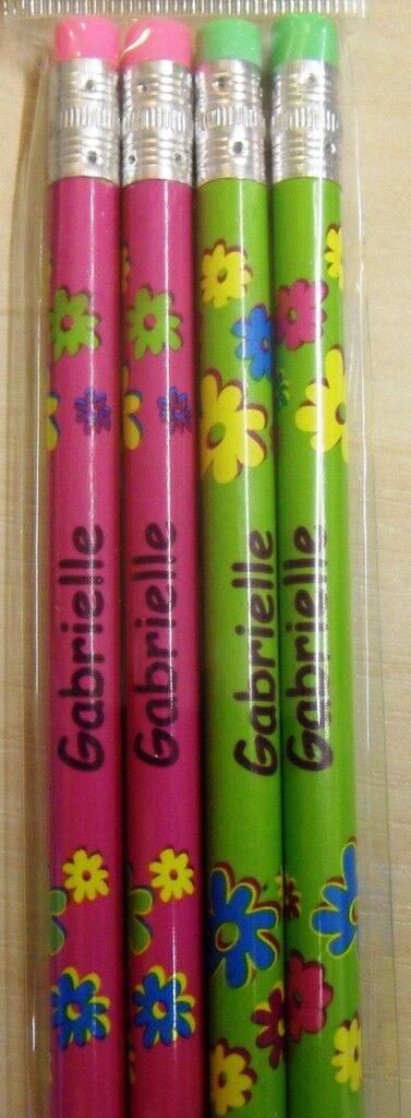 Set of 4 Pack Girls Personalised Pencils with Rubber Kid Child Name A-V Her Gift