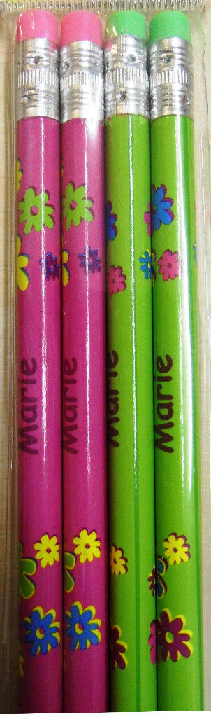 Set of 4 Pack Girls Personalised Pencils with Rubber Kid Child Name A-V Her Gift