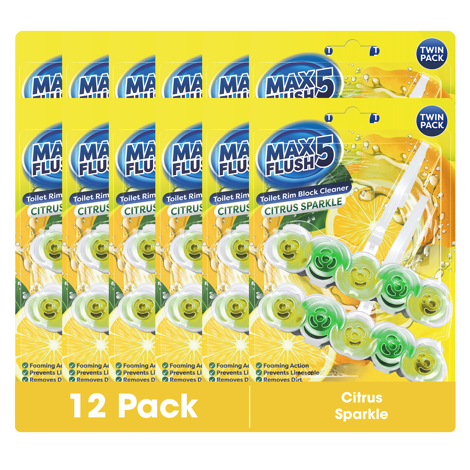 12x Max Flush 5 Toilet Rim Block Cleaner Twin Pack (12 x 2 = 24 x45g Rim Blocks)