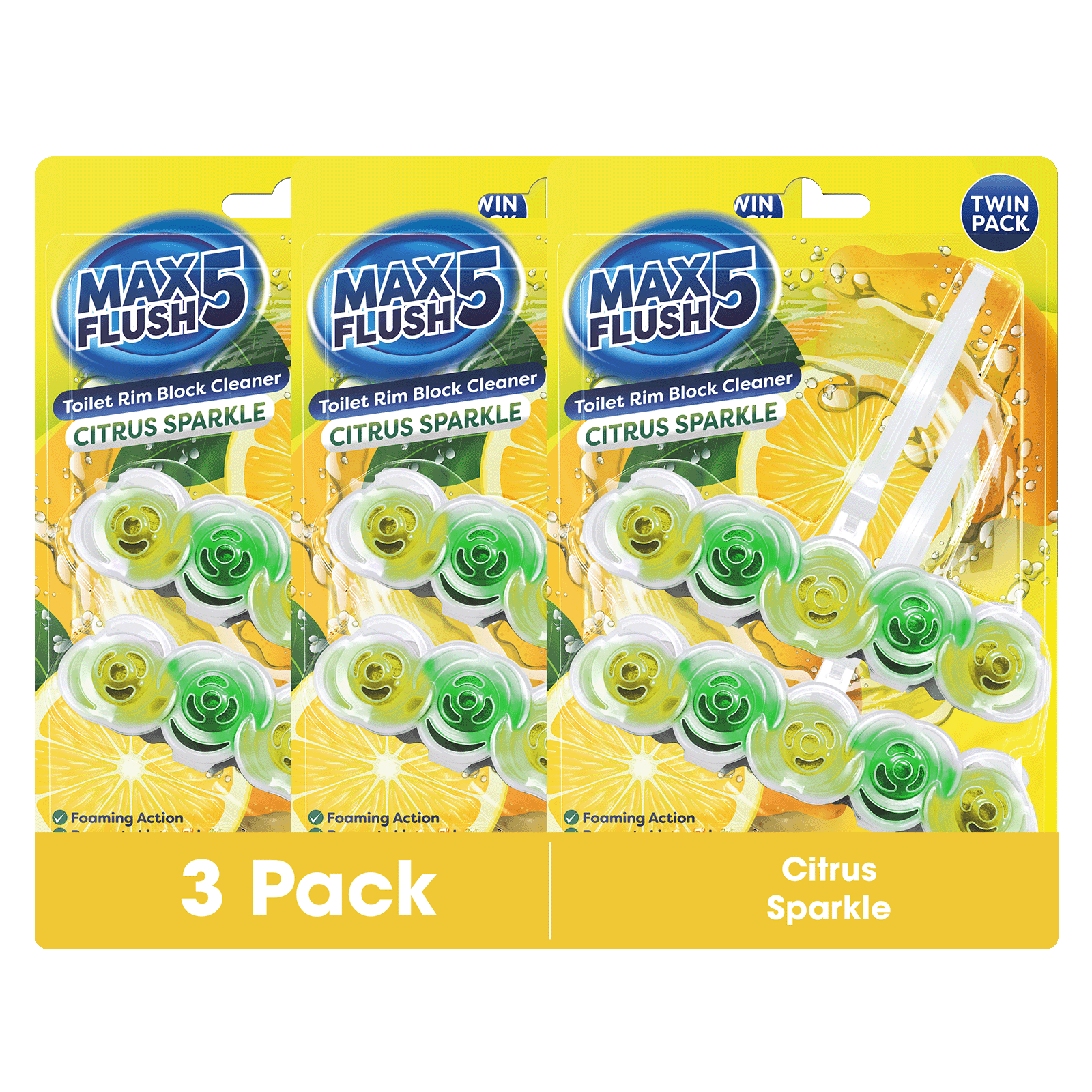 3x Max Flush 5 Toilet Rim Block Cleaner Twin Pack (3 x 2 = 6 x 45g Rim Blocks)