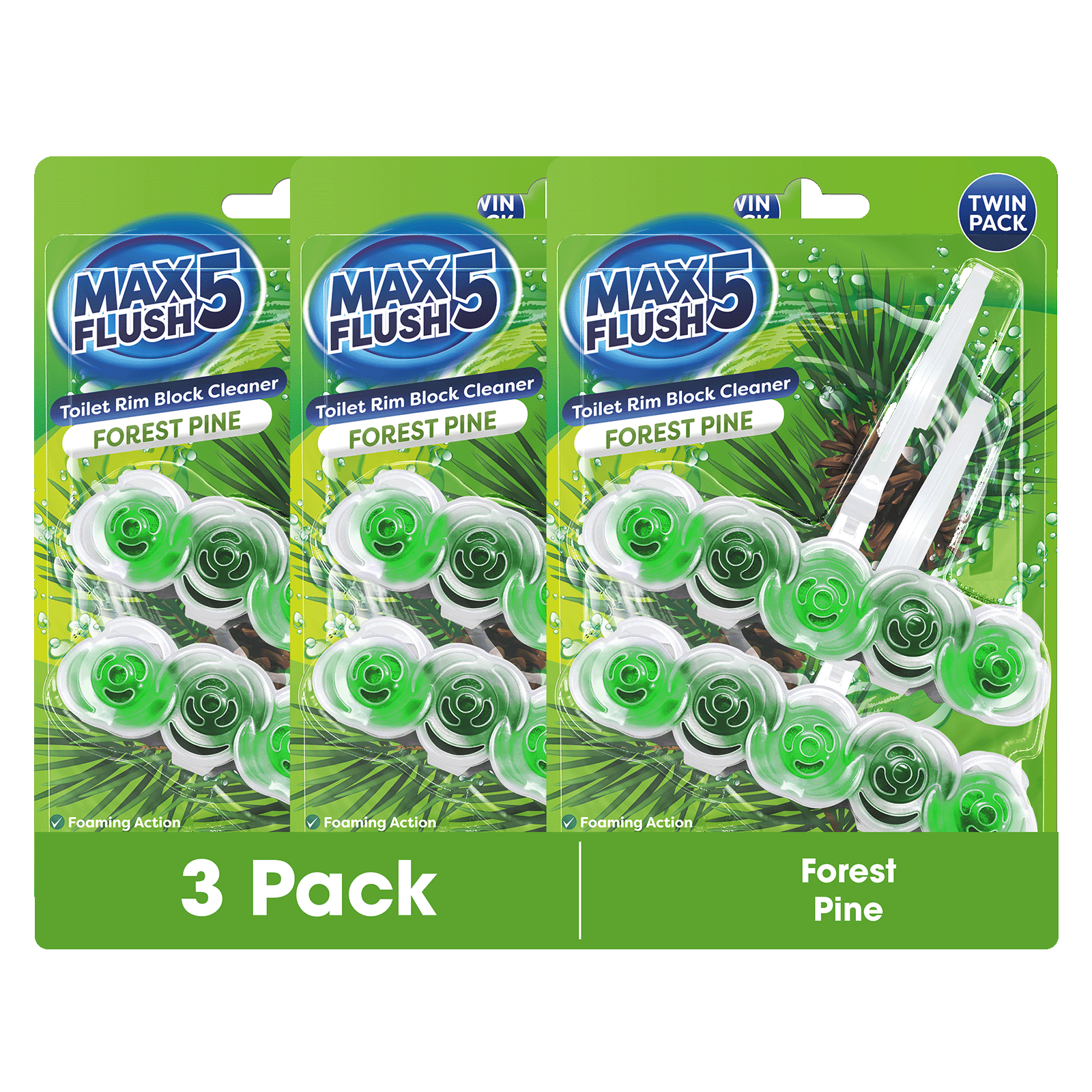 3x Max Flush 5 Toilet Rim Block Cleaner Twin Pack (3 x 2 = 6 x 45g Rim Blocks)