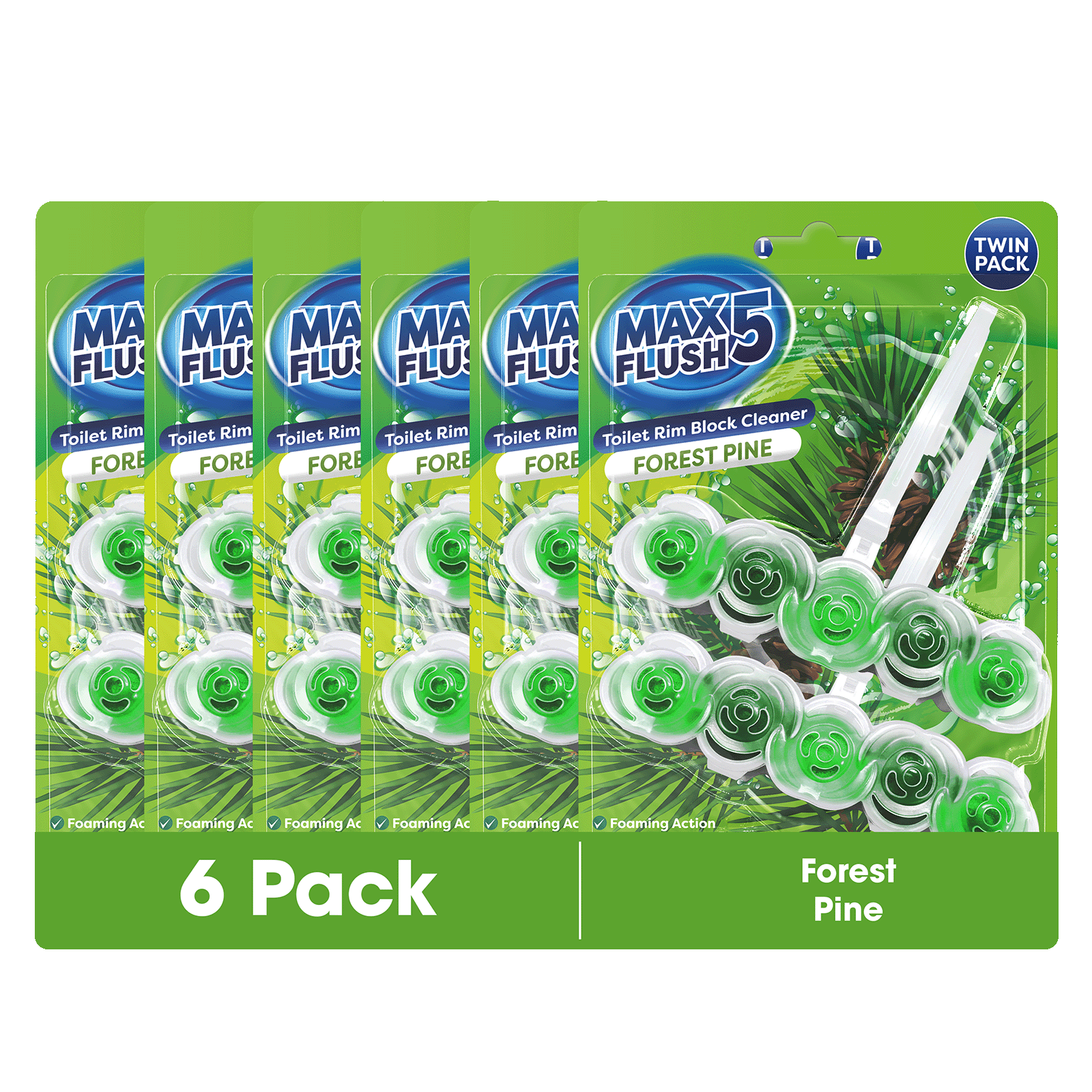 6x Max Flush 5 Toilet Rim Block Cleaner Twin Pack (6 x 2 = 12 x 45g Rim Blocks)