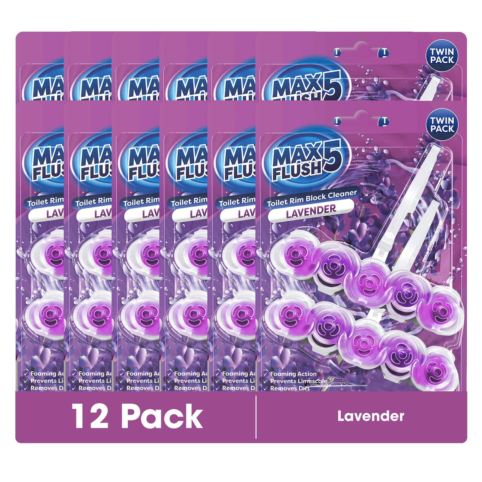 12x Max Flush 5 Toilet Rim Block Cleaner Twin Pack (12 x 2 = 24 x45g Rim Blocks)