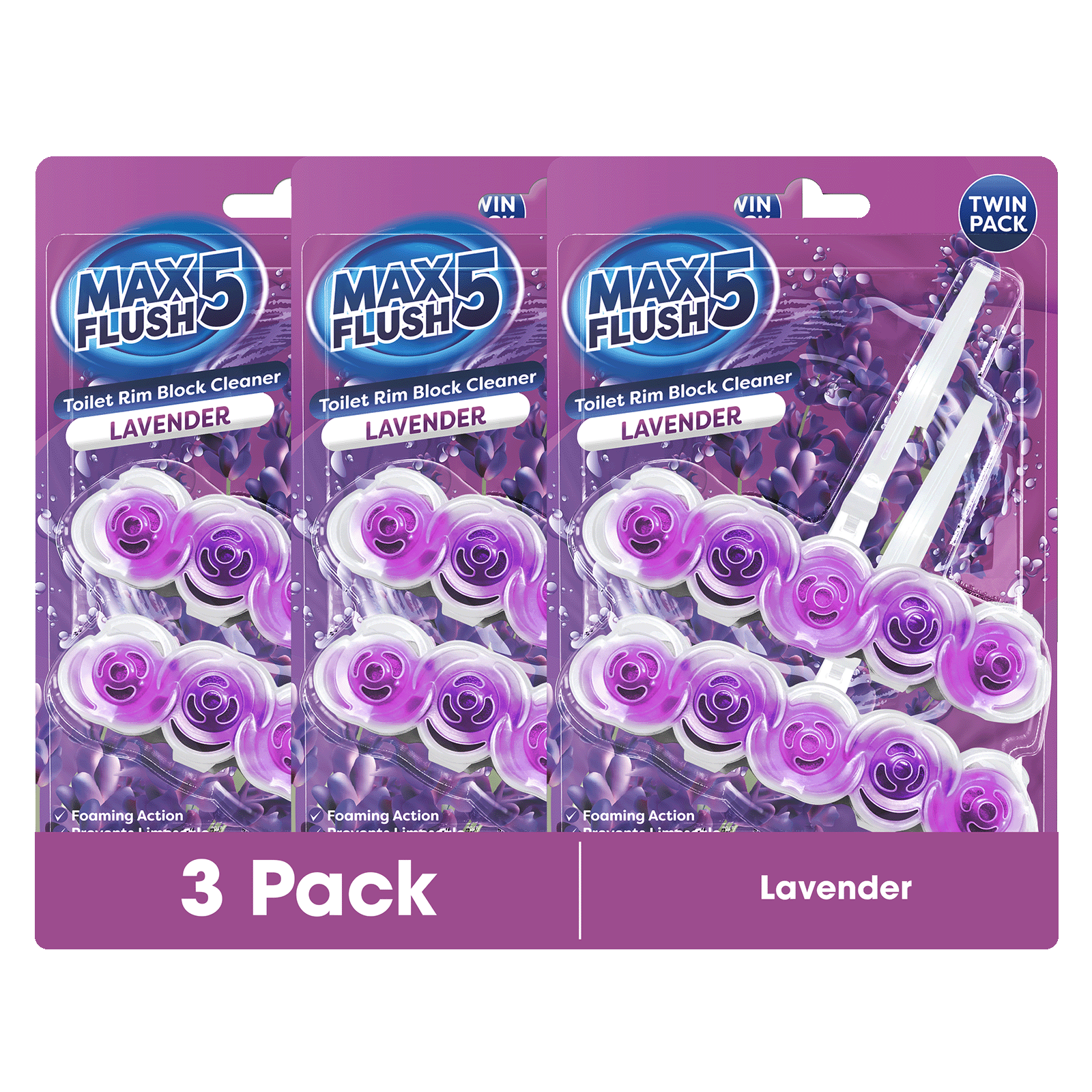 3x Max Flush 5 Toilet Rim Block Cleaner Twin Pack (3 x 2 = 6 x 45g Rim Blocks)