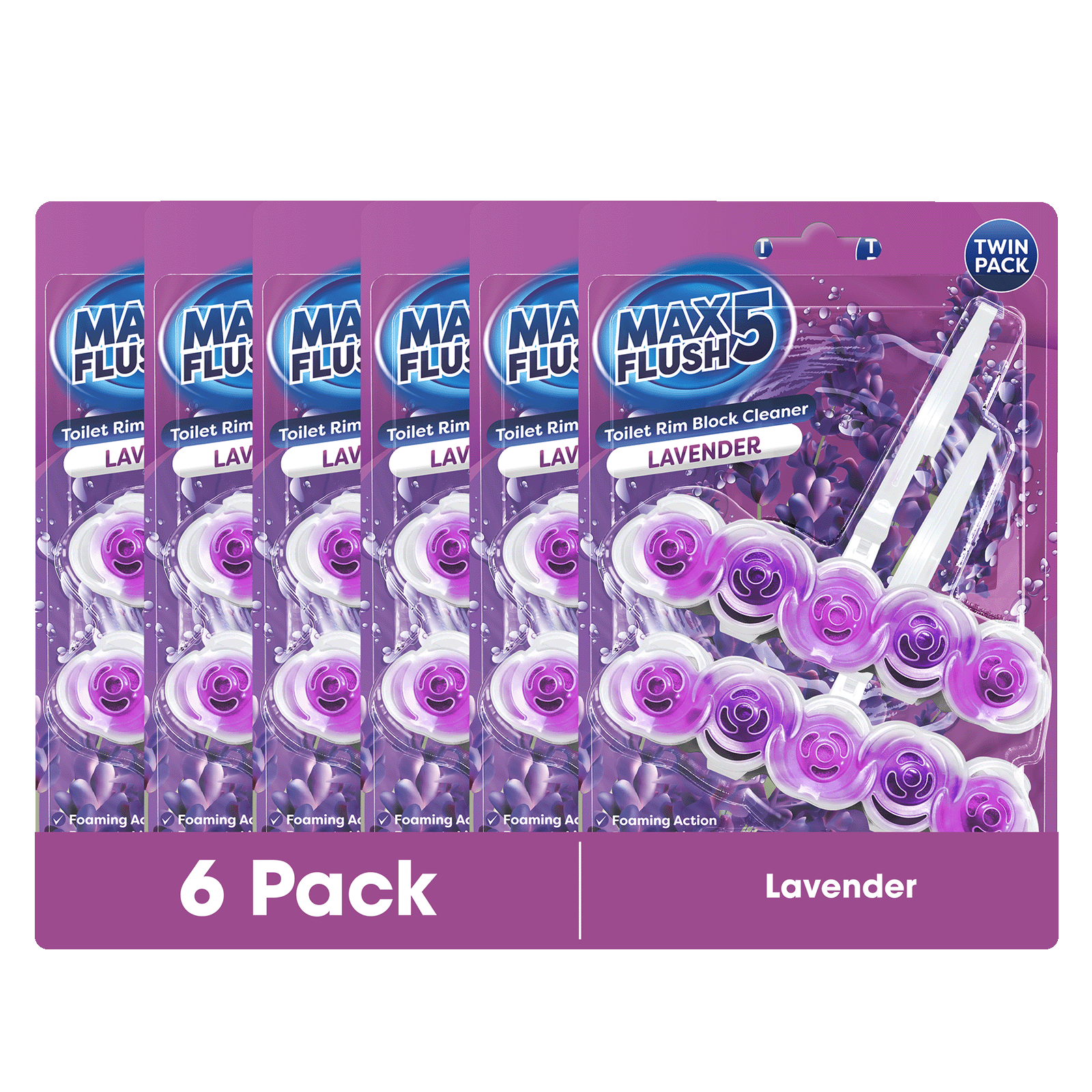6x Max Flush 5 Toilet Rim Block Cleaner Twin Pack (6 x 2 = 12 x 45g Rim Blocks)