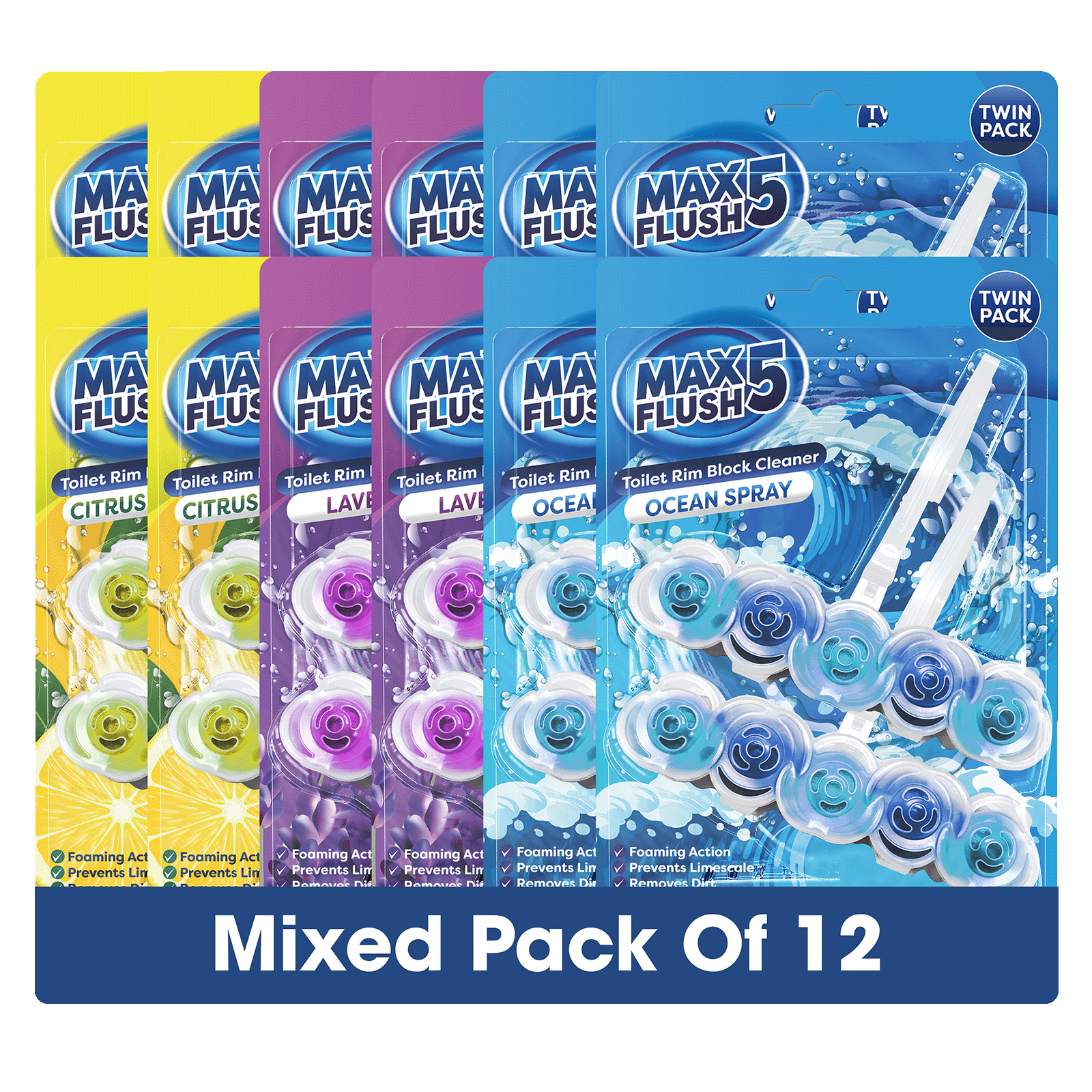 12x Max Flush 5 Toilet Rim Block Cleaner Twin Pack (12 x 2 = 24 x45g Rim Blocks)