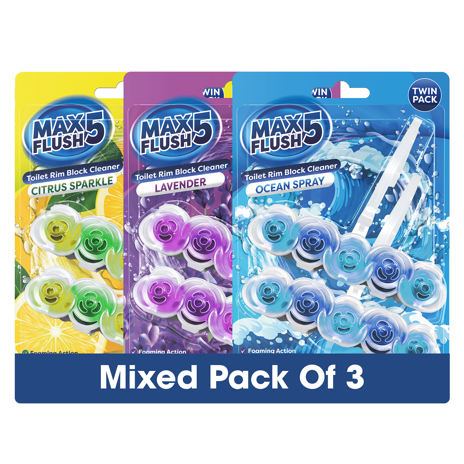 3x Max Flush 5 Toilet Rim Block Cleaner Twin Pack (3 x 2 = 6 x 45g Rim Blocks)