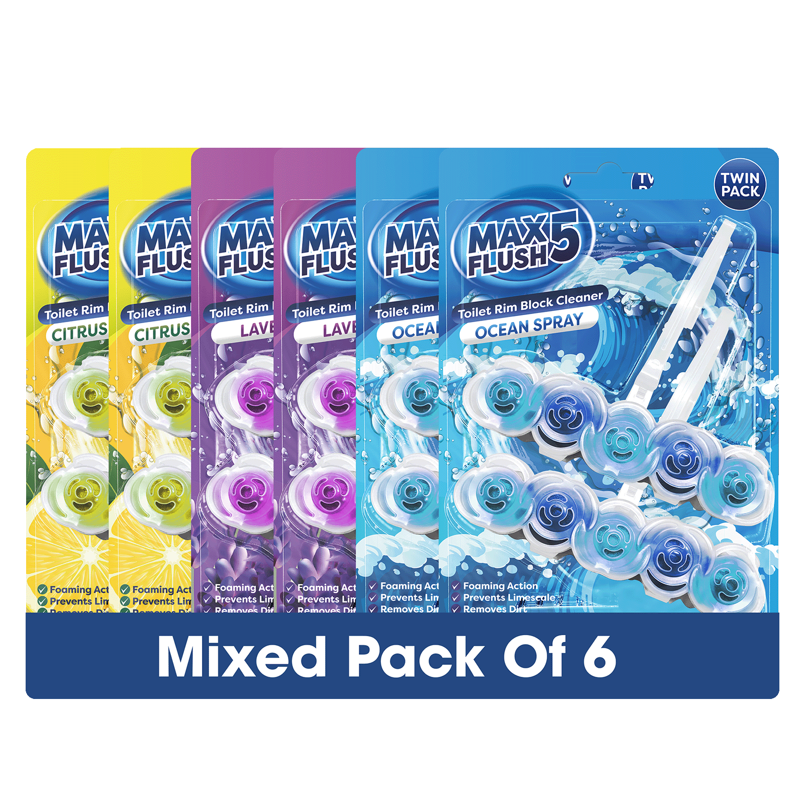 6x Max Flush 5 Toilet Rim Block Cleaner Twin Pack (6 x 2 = 12 x 45g Rim Blocks)