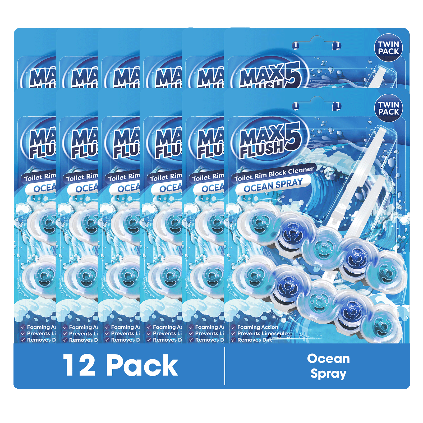 12x Max Flush 5 Toilet Rim Block Cleaner Twin Pack (12 x 2 = 24 x45g Rim Blocks)