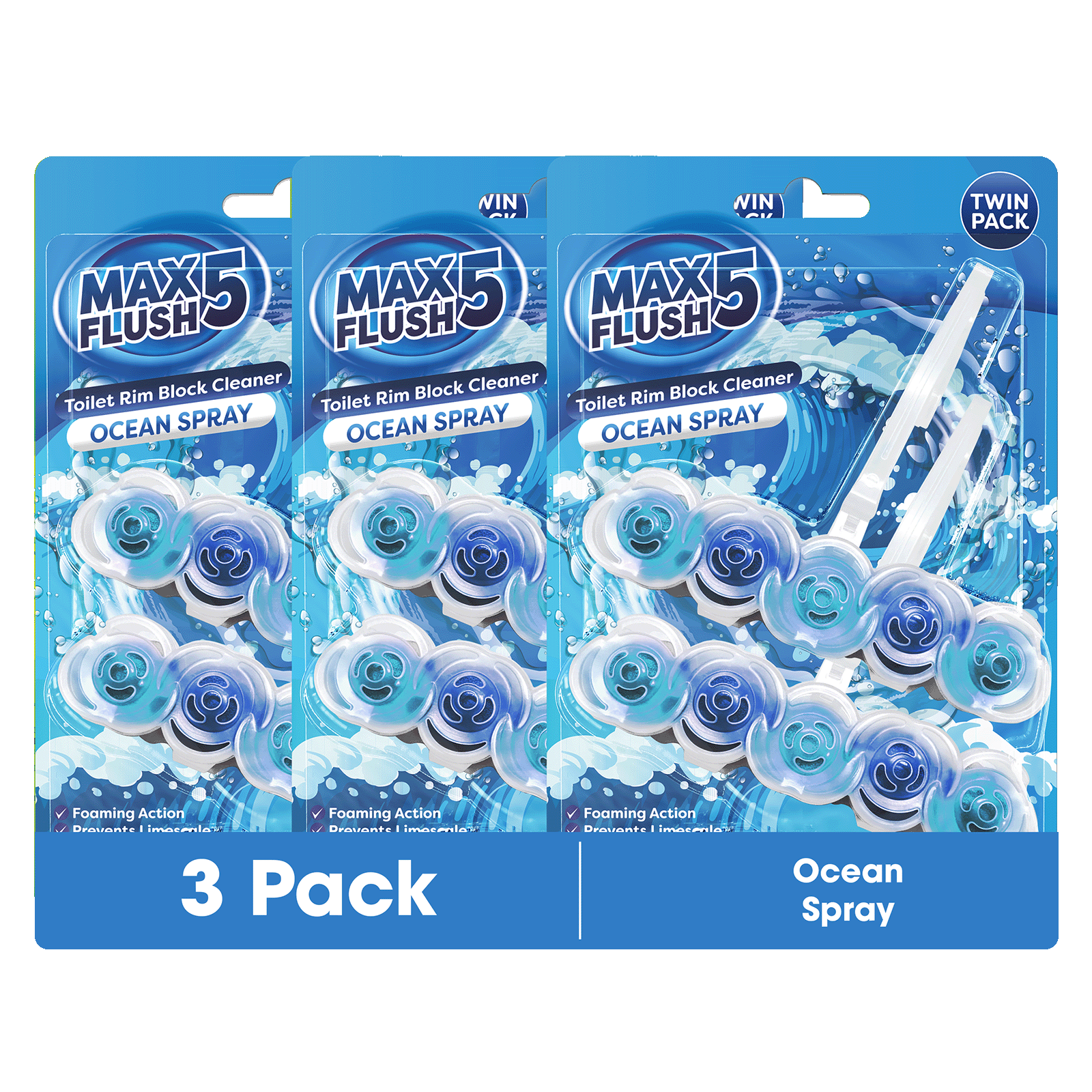 3x Max Flush 5 Toilet Rim Block Cleaner Twin Pack (3 x 2 = 6 x 45g Rim Blocks)