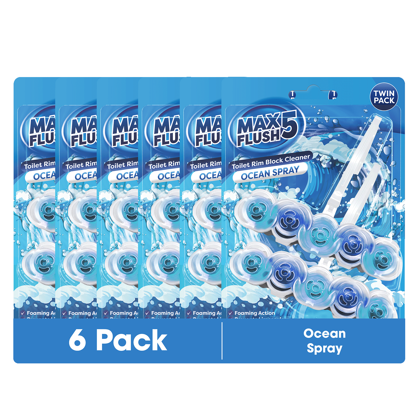 6x Max Flush 5 Toilet Rim Block Cleaner Twin Pack (6 x 2 = 12 x 45g Rim Blocks)