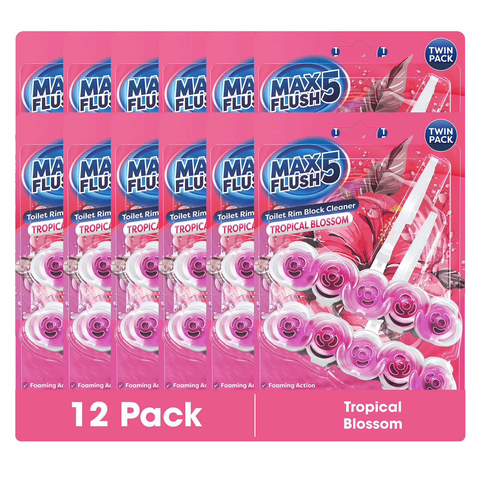 12x Max Flush 5 Toilet Rim Block Cleaner Twin Pack (12 x 2 = 24 x45g Rim Blocks)
