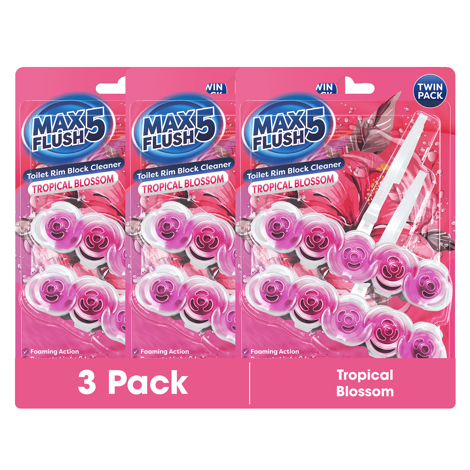 3x Max Flush 5 Toilet Rim Block Cleaner Twin Pack (3 x 2 = 6 x 45g Rim Blocks)